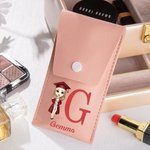 Personalized Cartoon Girl Leather Initial Makeup Brush Bag with 8 Makeup Brushes and Name Birthday Graduation Ceremony Souvenir Gift for Graduates