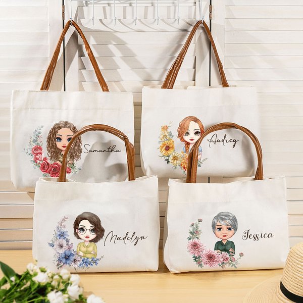 Sac en Toile avec Poignée en Cuir Personnalisé de Personnage Nom et Fleur de Naissance Cadeau Anniversaire pour Femme