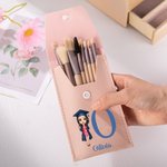 Personalized Cartoon Girl Leather Initial Makeup Brush Bag with 8 Makeup Brushes and Name Birthday Graduation Ceremony Souvenir Gift for Graduates