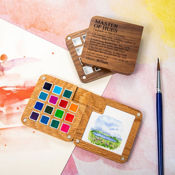 Personalized Master of Hues Portable Magnetic Wooden Watercolor Palette Box with 15 Grids and Name Painting Supplies Birthday Gift for Kids Family