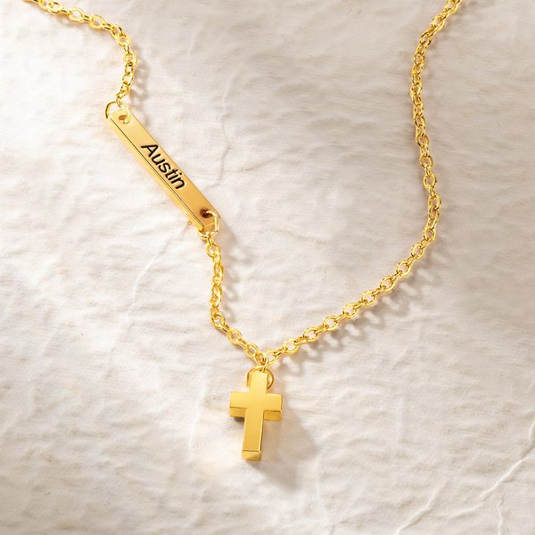 Personalized Tiny Cross Pendant with Engraved Sideway Name Bar Religious Jewelry Easter Baptism 1st Birthday Gift for Baby Kid Newborn Godchildren