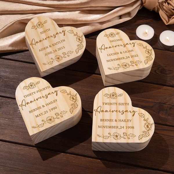 Personalised Anniversary Floral Wooden Heart Shaped Candle Holder with Engraved Name and Date Valentine's Day Anniversary Gift for Couple