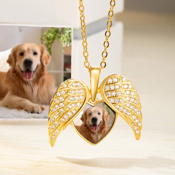 Personalisierte Herz geformt Zirkon Engel Flügel Foto Halskette mit Namen Memorial Schmuck Geburtstag Geschenk für Hund Katze Haustier Liebhaber