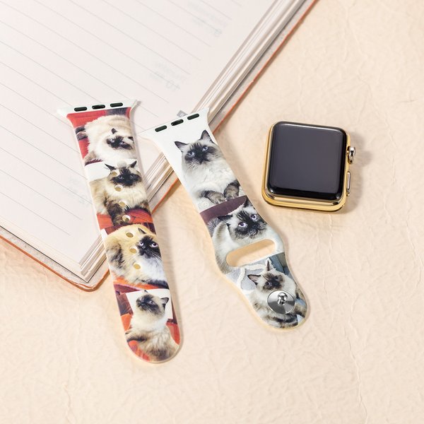 Personalised 1-7 Cat Dog Pet Photo Collage Waterproof Silicone Watch Band Compatible with Apple Watch Birthday Gift for Family Friends
