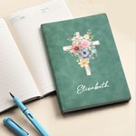 Personalisierte Aquarell Kreuz 1-5 Geburt Blumen Leder Kirche Notebook mit Namen für Bibelstudium Geburtstag religiöses Geschenk für Frauen Christian