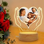 Personalisiertes Herz-Foto in Händen LED-Nachtlicht mit Holzsockel Haus Deko Jahrestag Vatertag Geschenk für Familie