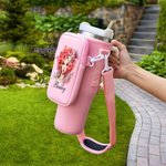 Personalized Anthropomorphic Birth Flower Water Bottle Carrier Bag with Name Pouch and Strap Accessories for 40oz Stanley Birthday Gift for Women