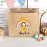 Personalised Rainbow Bunny Suit Cartoon Character Jute Tote Bag with Name Reusable Easter Party Gift for Kids