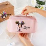 Personalizado Cute Cartoon Quirky Girl PU Leather Makeup Bag with Handle Portable Travel Essentials Birthday Gift for Women Girls