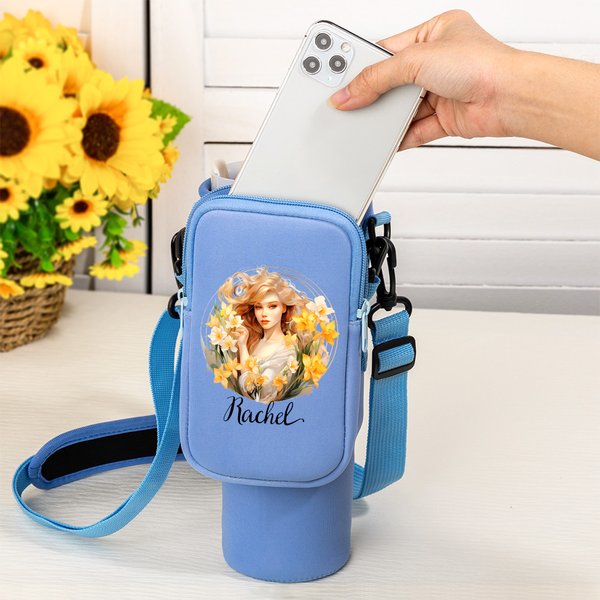 Personalized Anthropomorphic Birth Flower Water Bottle Carrier Bag with Name Pouch and Strap Accessories for 40oz Stanley Birthday Gift for Women