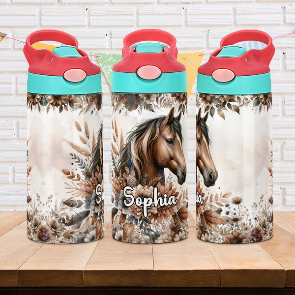 Bouteille d'Eau 350ml Personnalisée avec Nom Bouteille Isotherme à Peinture Cheval avec Paille en Silicone Cadeau Rentrée Scolaire pour Enfant