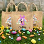 Personalised Rainbow Bunny Suit Cartoon Character Jute Tote Bag with Name Reusable Easter Party Gift for Kids