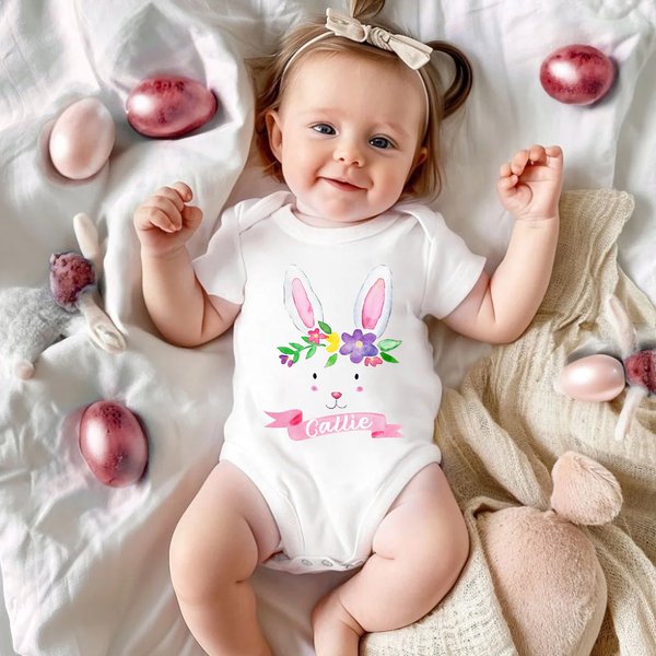 T-shirt enfant personnalisé avec nom Lapin de Pâques aquarelle floral 100% coton Cadeau de Pâques pour bébé garçon fille