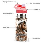 Gepersonaliseerde Boho stijl Florale paard 12oz naam waterfles met siliconen rietje en handvat verjaardag terug naar school Gift voor kinderen paard liefhebbers