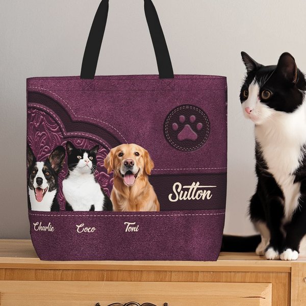 Personalized Retro Pattern 1-3 Pet Photos Paw Print Large Tote Bag with Name Birthday Gift for Dog Mom Pet Lovers
