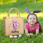 Personalised Rainbow Bunny Suit Cartoon Character Jute Tote Bag with Name Reusable Easter Party Gift for Kids
