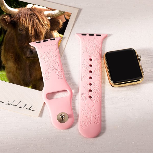Personalised Engraved Highland Cow Silicone Watch Band for Apple Samsung Fitbit with Name Birthday Anniversary Gift for Highland Cow Lover