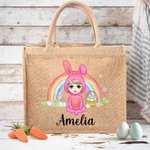 Personalised Rainbow Bunny Suit Cartoon Character Jute Tote Bag with Name Reusable Easter Party Gift for Kids
