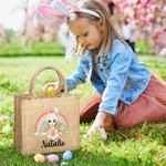 Personalised Rainbow Bunny Suit Cartoon Character Jute Tote Bag with Name Reusable Easter Party Gift for Kids