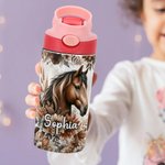 Gepersonaliseerde Boho stijl Florale paard 12oz naam waterfles met siliconen rietje en handvat verjaardag terug naar school Gift voor kinderen paard liefhebbers
