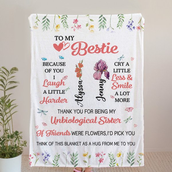 Personalized To My Bestie 2 Birth Flowers Soft Throw Blanket with Names Home Decor Birthday Gift for Sisters Friends