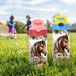 Gepersonaliseerde Boho stijl Florale paard 12oz naam waterfles met siliconen rietje en handvat verjaardag terug naar school Gift voor kinderen paard liefhebbers