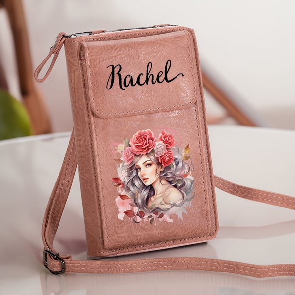 Personalized Anthropomorphic Birth Flower Leather Crossbody Bag Wallet with Name and Card Slots Birthday Travel Accessories Gift for Women