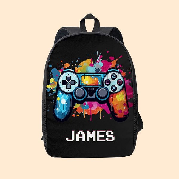 Henkilökohtainen värikäs Splash Ink Gamepad Style Pixel reppu nimi takaisin kouluun syntymäpäivälahja lapsille opiskelijoille peli harrastajille