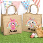 Personalised Rainbow Bunny Suit Cartoon Character Jute Tote Bag with Name Reusable Easter Party Gift for Kids