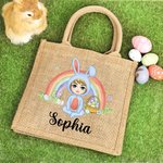 Personalised Rainbow Bunny Suit Cartoon Character Jute Tote Bag with Name Reusable Easter Party Gift for Kids