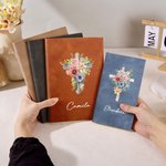 Personalisierte Aquarell Kreuz 1-5 Geburt Blumen Leder Kirche Notebook mit Namen für Bibelstudium Geburtstag religiöses Geschenk für Frauen Christian