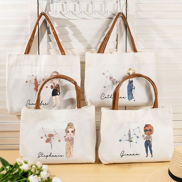 Personalized Zodiac Sign Birth Flower Cartoon Character Canvas Tote Bag with Name and Leather Handle Birthday Gift for Women