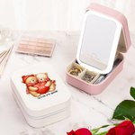 Portagioie da viaggio in pelle con design coppia di orsetti e lettera iniziale specchio LED a tre colori regalo di San Valentino per le donne