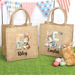 Personalised Watercolour Bunny Flowers Eggs Initial Jute Tote Bag with Name Easter Birthday Gift for Kids