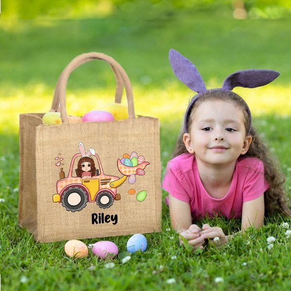 Personalized Bunny Cartoon Character Excavator Easter Eggs Jute Tote Bag with Name Easter Party Birthday Gift for Boys Girls