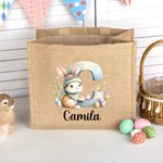 Personalised Watercolour Bunny Flowers Eggs Initial Jute Tote Bag with Name Easter Birthday Gift for Kids
