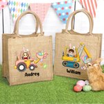 Personalisierte Hase Cartoon Charakter Bagger Ostereier Jutetasche mit Namen Tote Bag Ostern Party Geburtstag Geschenk für Jungen Mädchen