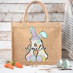 Personalised Cute Bow Easter Bunny Initial Jute Tote Bag with Name and Handle for Holding Easter Eggs Birthday Easter Party Gift for Kids