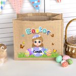 Pascua personalizado colorido Craked cáscara de huevo rota de dibujos animados Niño Niña Bolsa de yute con el nombre de caza del huevo Fiesta de Favores Regalo de cumpleaños para los niños