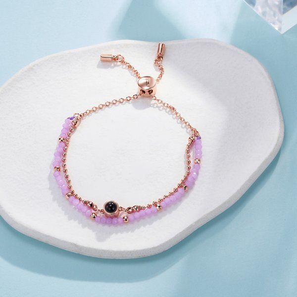 Personalized Photo Projection Adjustable Double Chain Bead Bracelet with 100 Languages Dainty Jewellery Anniversary Birthday Gift for Women