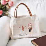Personalisierte Sternzeichen Geburtsblume Canvas-Tasche mit Cartoon Charakter Namen und PU-Leder Griff Tote Bag Geburtstag Geschenk für Damen