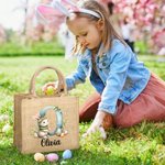 Personalised Watercolour Bunny Flowers Eggs Initial Jute Tote Bag with Name Easter Birthday Gift for Kids