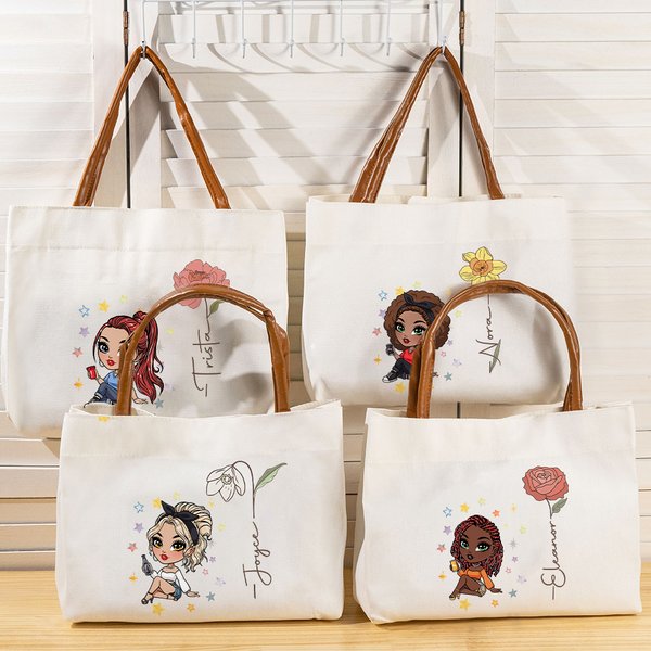 Personalized Fashion Cartoon Girl Birth Flower Name Canvas Large Tote Bag with Leather Handle Birthday Gift for Women
