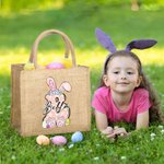 Personalised Cute Bow Easter Bunny Initial Jute Tote Bag with Name and Handle for Holding Easter Eggs Birthday Easter Party Gift for Kids