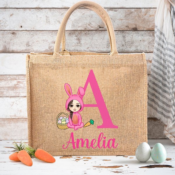 Personalized Cartoon Character Bunny Costume Eggs Initial Jute Tote Bag with Name Easter Birthday Gift for Boys Girls