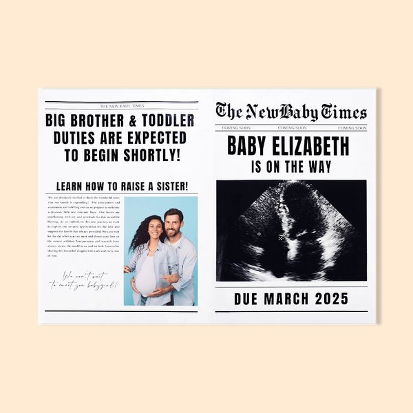 Personalized Newborn Announcement Newspaper with Text and Photo Pregnancy Reveal Baby Shower Gift for Mother