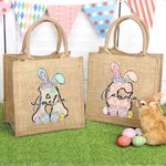 Personalised Cute Bow Easter Bunny Initial Jute Tote Bag with Name and Handle for Holding Easter Eggs Birthday Easter Party Gift for Kids
