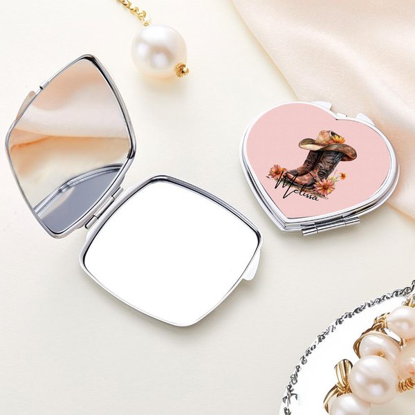 Personalized Birth Flower Western Cowgirl Boots Hat Design Makeup Mirror with Name Portable Travel Accessories Birthday Gift for Women