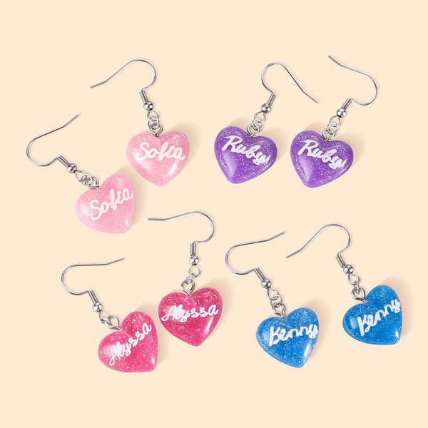 Personalised Colourful Glitter Heart Acrylic Dangle Earrings with Fashion Curved Font Name Gift for Her