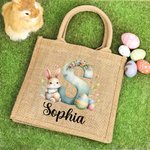 Personalised Watercolour Bunny Flowers Eggs Initial Jute Tote Bag with Name Easter Birthday Gift for Kids